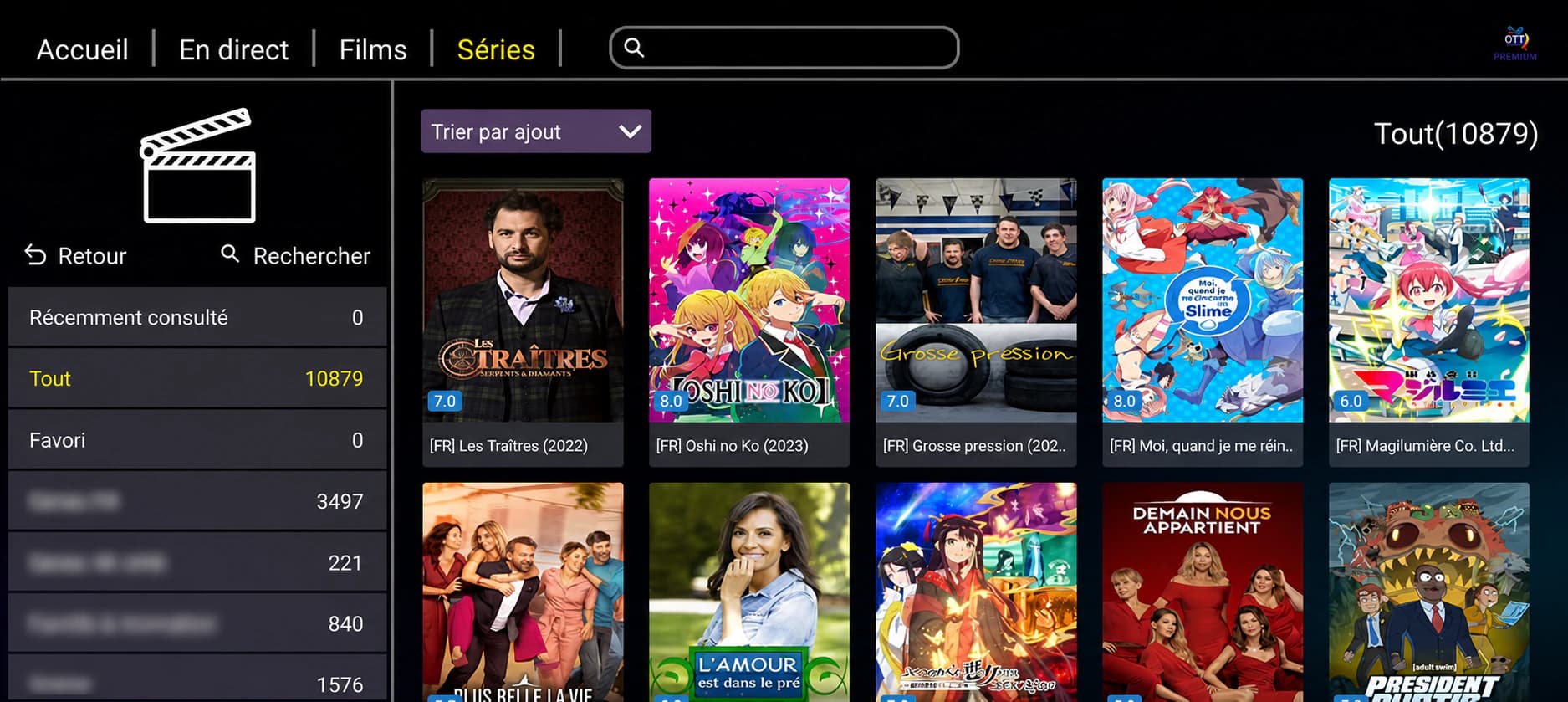 Catalogue de séries OTT Premium sur téléphone en mode paysage