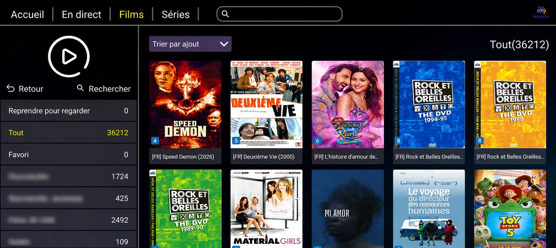 Catalogue de films OTT Premium sur tablette